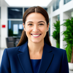 **

A professional businesswoman in a modest navy blue business suit, smiling confidently while standing in a bright, modern office lobby.  Behind her is a blurred background of people working and plants. Fully clothed, appropriate attire, safe for work, perfect anatomy, natural proportions, professional corporate photography, high quality.

**