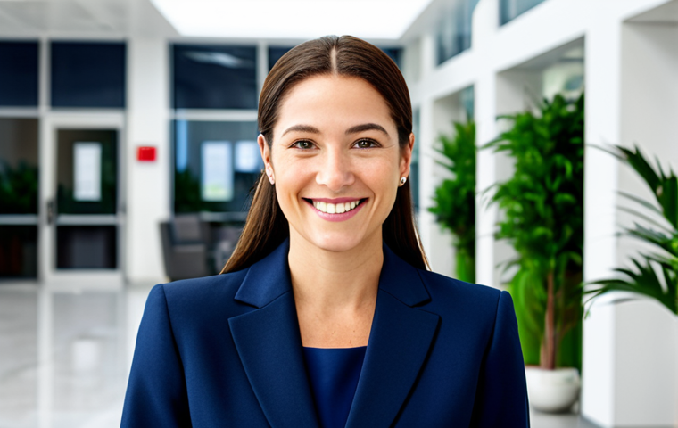 **
A professional businesswoman in a modest navy blue business suit, smiling confidently while standing in a bright, modern office lobby. Behind her is a blurred background of people working and plants. Fully clothed, appropriate attire, safe for work, perfect anatomy, natural proportions, professional corporate photography, high quality.
**