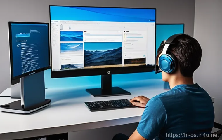 운영체제별 멀티태스킹 성능 비교 - **Prompt: "A young adult (late teens, early twenties) deeply focused at a modern computer desk. They...