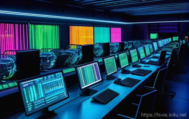 운영체제의 RAM 관리 방식 비교 - **Prompt:** A vibrant, futuristic workshop bustling with activity, symbolizing computer RAM. In the ...