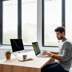 윈도우와 macOS의 기본 소프트웨어 비교 - **Prompt: "Two individuals, one operating a sleek, modern Windows laptop and the other a minimalist ...