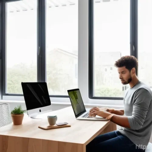 윈도우와 macOS의 기본 소프트웨어 비교 - **Prompt: "Two individuals, one operating a sleek, modern Windows laptop and the other a minimalist ...