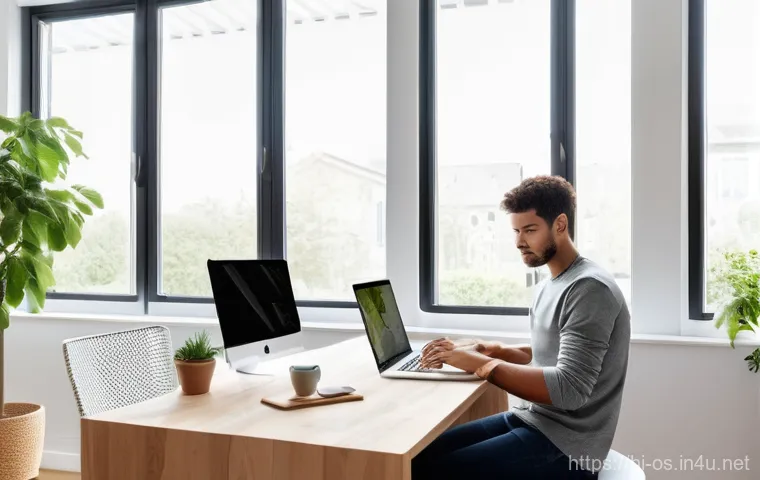 윈도우와 macOS의 기본 소프트웨어 비교 - **Prompt: "Two individuals, one operating a sleek, modern Windows laptop and the other a minimalist ...