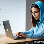 macOS의 보안 및 개인정보 보호 설정 - A focused young adult, gender-neutral, wearing a stylish but modest hoodie and jeans, is seated comf...