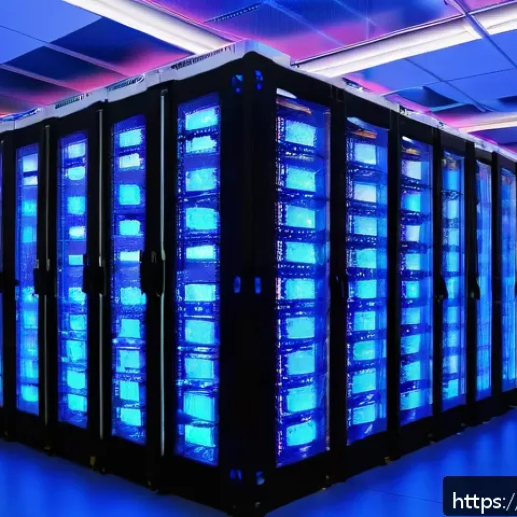 리눅스에서 웹 서버 설정 Apache Nginx - A modern server room with multiple racks of high-performance servers, illuminated by soft blue LED l...