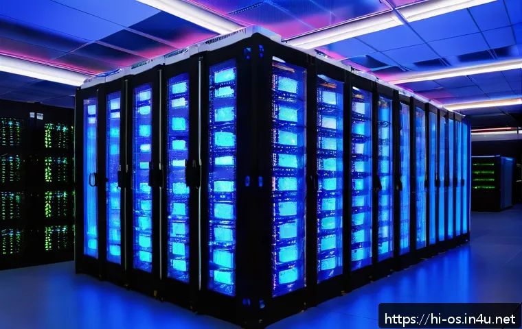 리눅스에서 웹 서버 설정  Apache Nginx - A modern server room with multiple racks of high-performance servers, illuminated by soft blue LED l...
