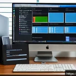 윈도우에서 디스크 파티션 설정 방법 - A modern home office setup with a computer screen displaying a Windows Disk Management tool interfac...