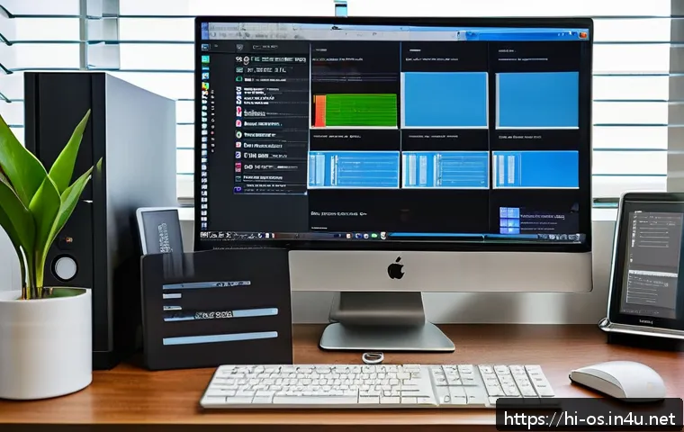 윈도우에서 디스크 파티션 설정 방법 - A modern home office setup with a computer screen displaying a Windows Disk Management tool interfac...