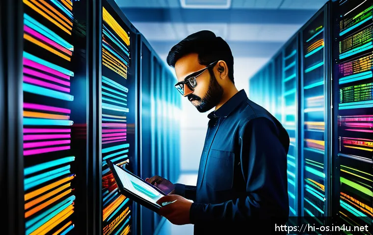 리눅스에서 서버 로그 모니터링 방법 - A detailed, vibrant illustration of a Hindi-speaking Linux server administrator analyzing colorful, ...