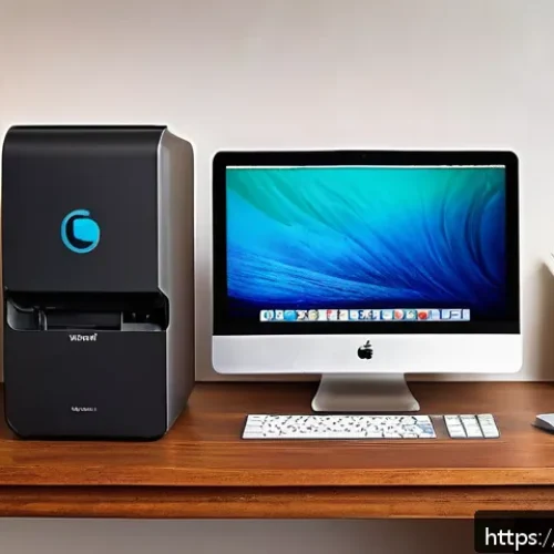 macOS에서 프린터 설치 및 설정 방법 - A detailed, cozy home office scene showing a modern macOS desktop computer connected to a sleek wire...