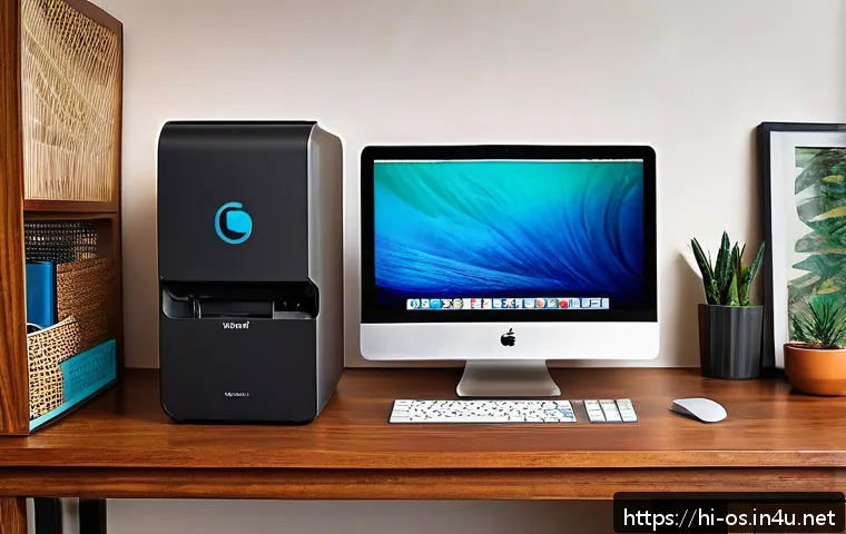 macOS에서 프린터 설치 및 설정 방법 - A detailed, cozy home office scene showing a modern macOS desktop computer connected to a sleek wire...